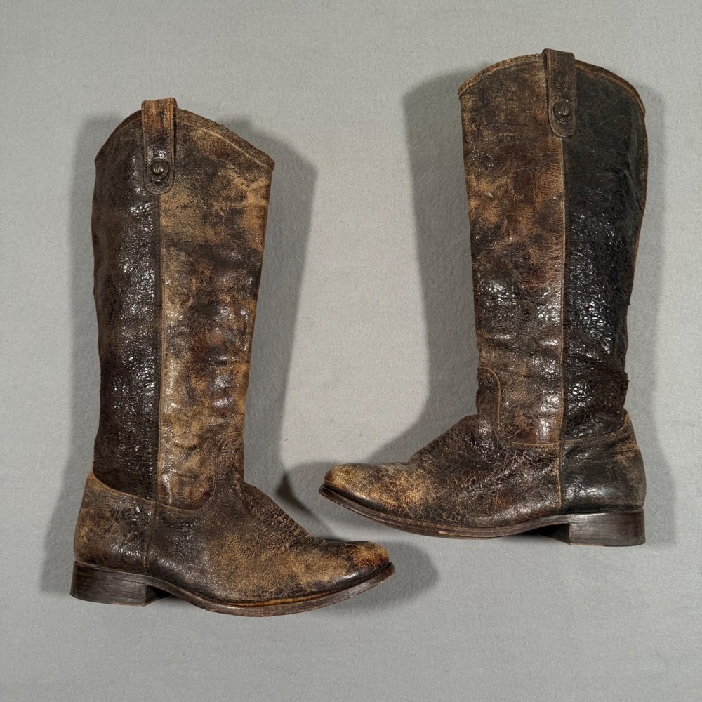 Frye Melissa Button Tall Boots Dark Brown Distressed Leather 77169 Womens 9.5B